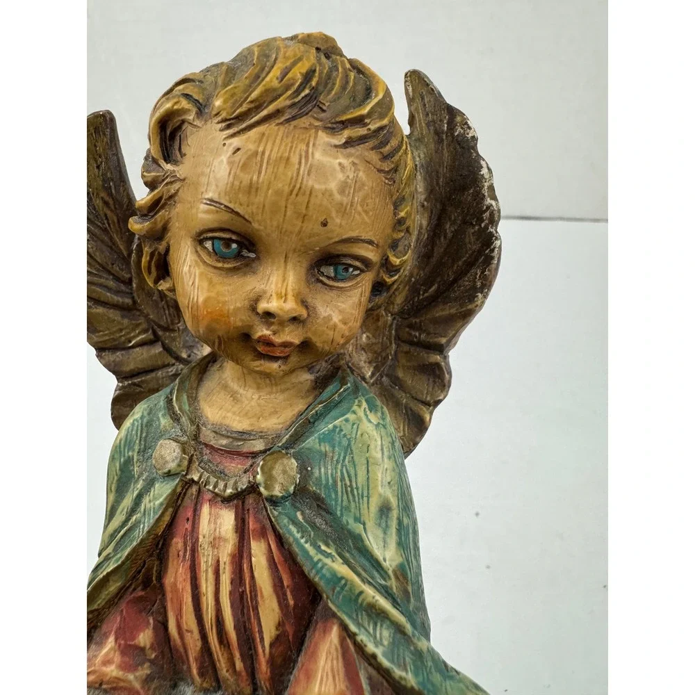 Vintage Hand Painted Angel Figurine Taper Candle Holder Rustic Wood Look Cherub